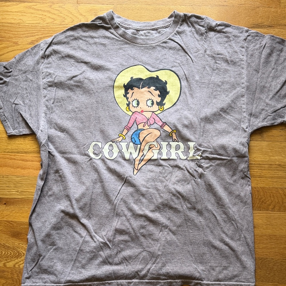 Betty Boop Cowgirl Graphic Tee - Gray with Yellow & Pink Graphic